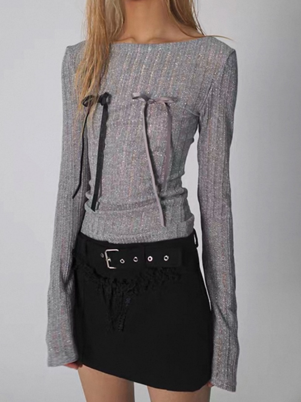 FINAL FUTURE Silver Shiny Silk Panelled Bow Undershirt